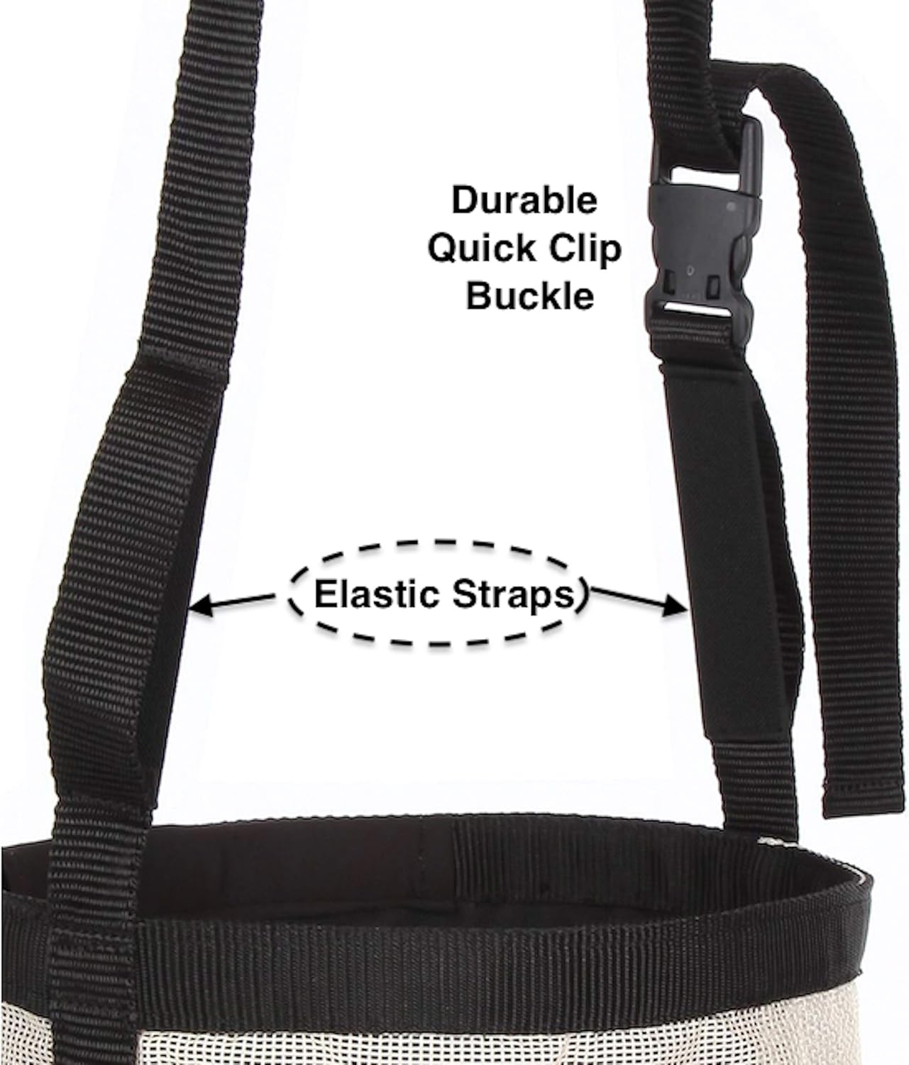 Majestic Ally Horse Feed Bag, Heavy Duty Nylon Mesh Grain Feed Bag, Adjustable Strap with Durable Snap and Elastic Straps, Comfort Neck Pad and Nose Pad- Large (Draft, Beige)