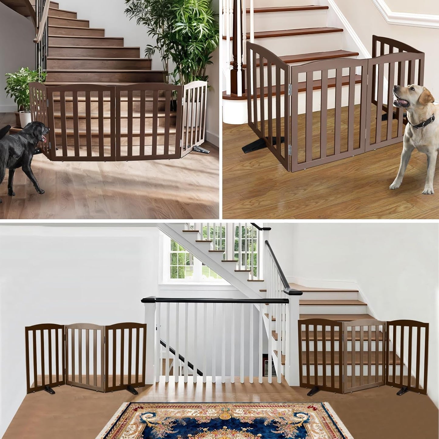 ZJSF Foldable Freestanding Indoor Dog Gate for House Wood Long Pet Gates Dog Fence for Stairs Puppy Gates for Hallways, Puppy Gate,Support Feet Included, Brown, 24 "Height-4 Panels