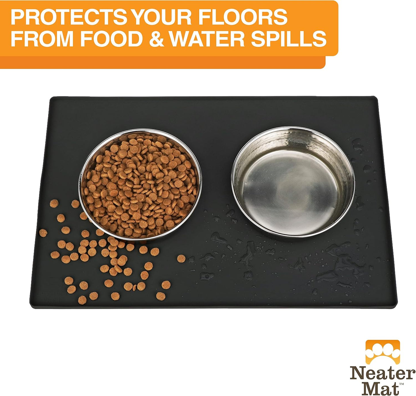 Neater Pet Brands Neater Mat Pet Mats for Food and Water, Cat & Dog Bowl Mat Waterproof Silicone, Feeding Tray, Dog Food Mats for Floors, Placemat w/Raised Edge for Under Bowls, 32" x 24", Black