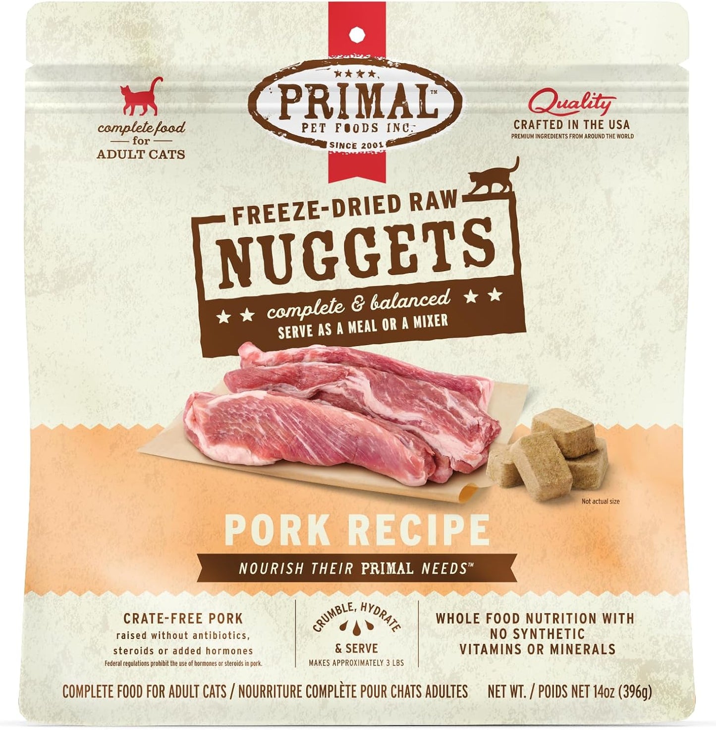 Primal Freeze Dried Raw Cat Food Nuggets Pork, Complete & Balanced Meal or Topper, Premium, Healthy, Grain Free, High Protein Raw Cat Food with Probiotics (14 oz)