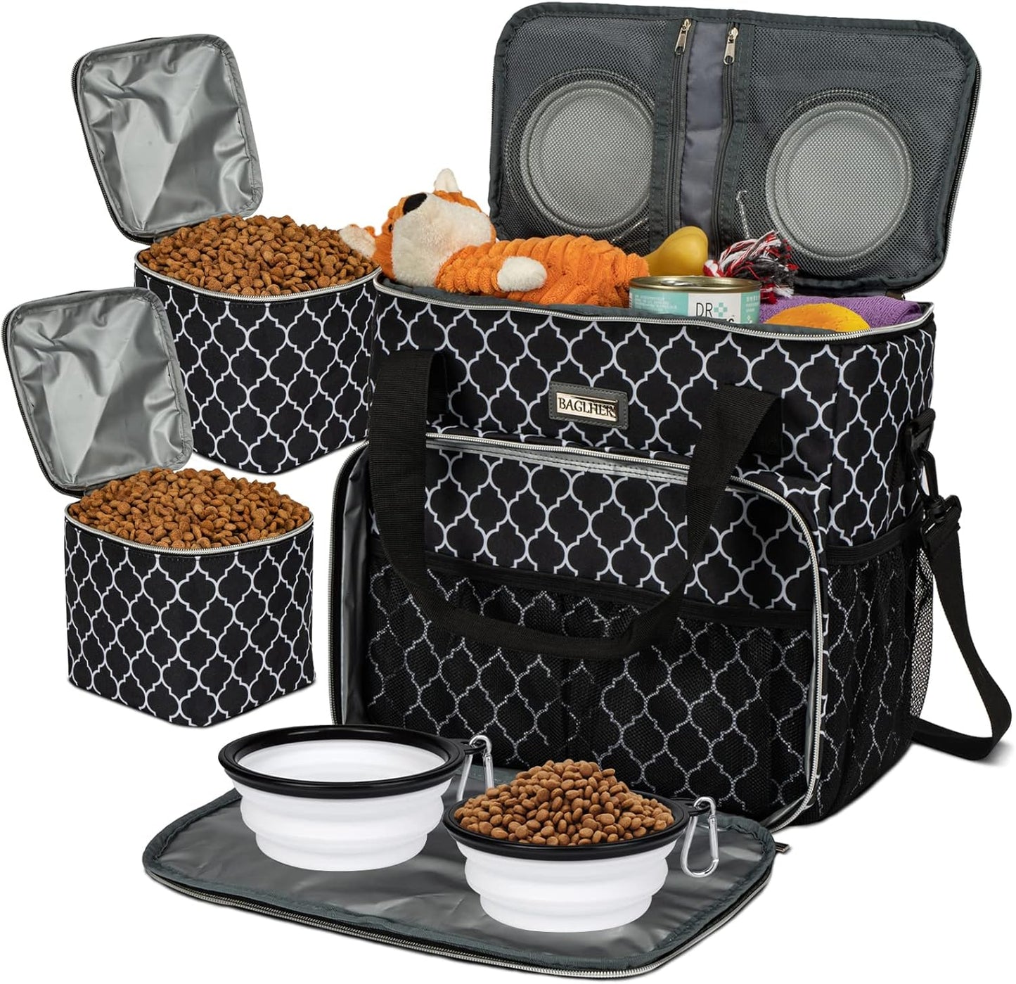 BAGLHER Dog Travel Bag, Pet Travel Bag (ALL Pet Travel Supplies), With 2 Pet Food Containers and 2 Collapsible Silicone Bowls; Essential Kits for Pet Travel DLblack