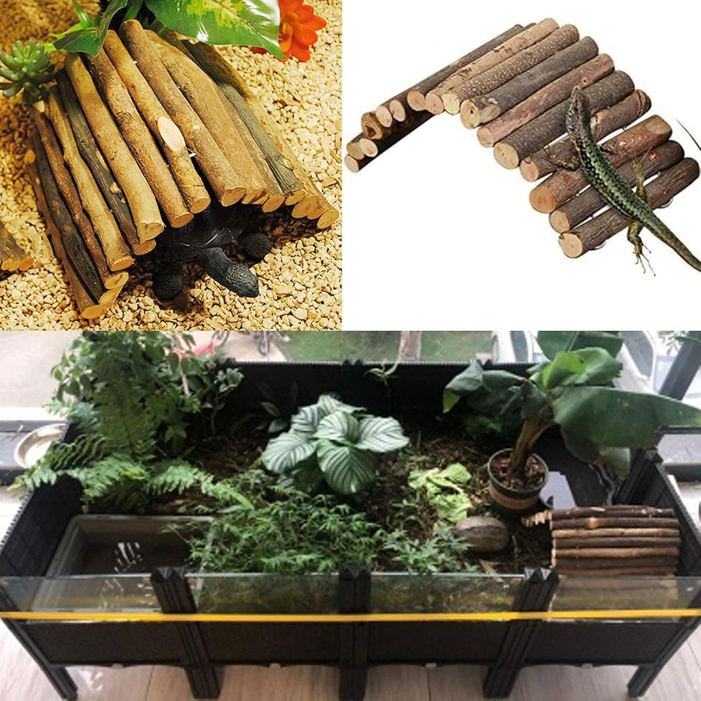 Hamiledyi 11.8 x 6.7 Inches Wooden Reptile Hideout Bearded Dragon Bendy Bridge Climbing Ladder Hiding Hut Reptiles Hide Cave Habitat Decor for Lizards Gecko Spiders Snakes Tortoise(Medium)