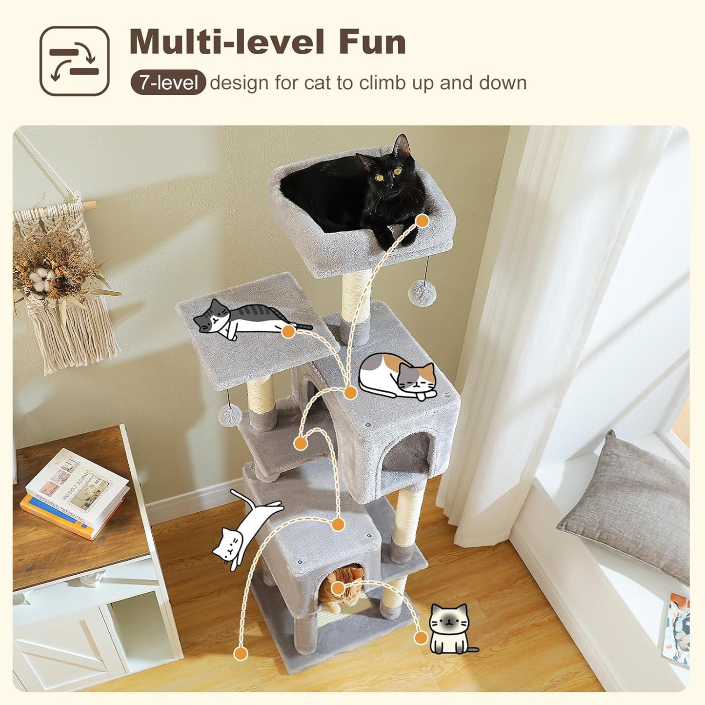 62-Inch Cat Tree for Indoor Cats, Large Cat Tower with Scratching Posts for Large Cats, 2 Bigger Plush Condos, Padded Platform, Soft Cat Bed and Scratching Pad, 2 Pompoms, Gray