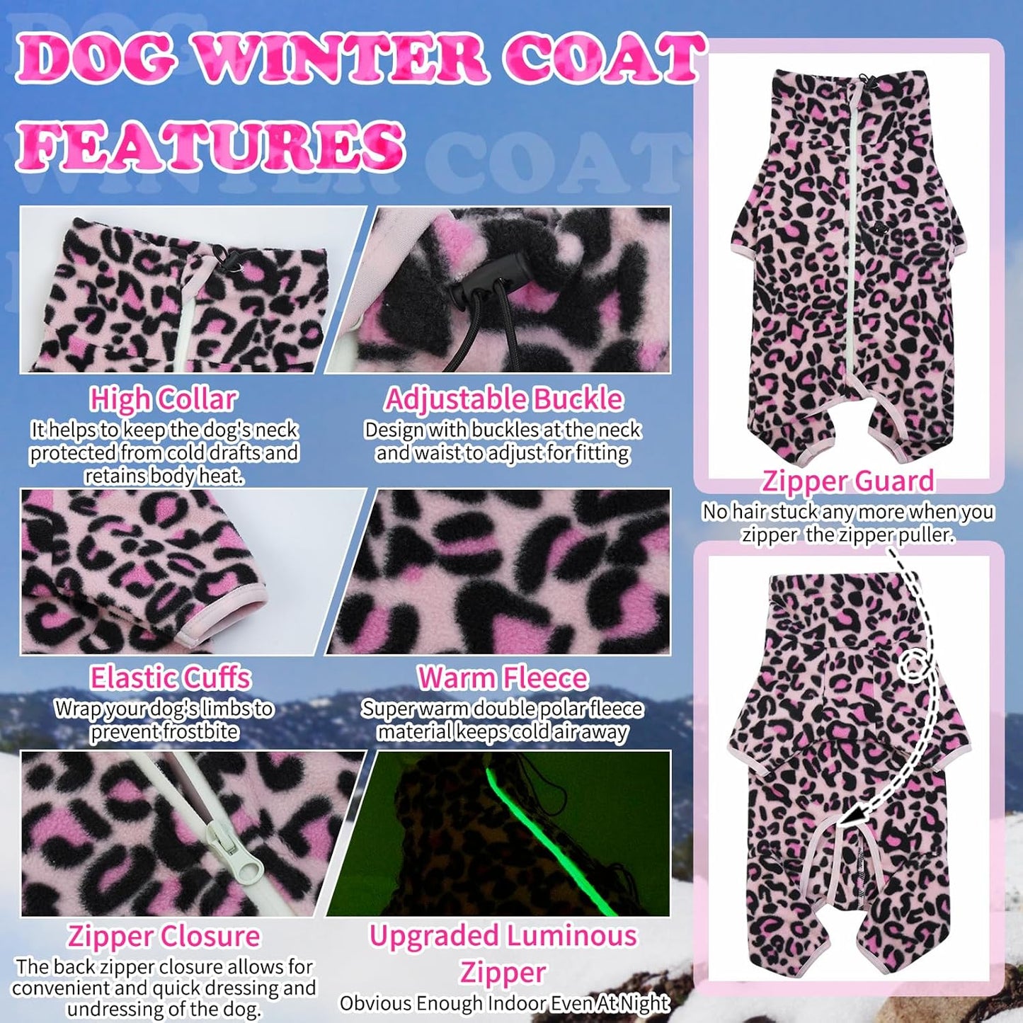 ROZKITCH Warm Dog Pajamas for Large Dogs, Pet Windproof Warm Cold Weather Jacket Vest with Luminous Zipper, Jumpsuit Apparel Outfit Clothes for Small Medium Large Dog L-Pink L