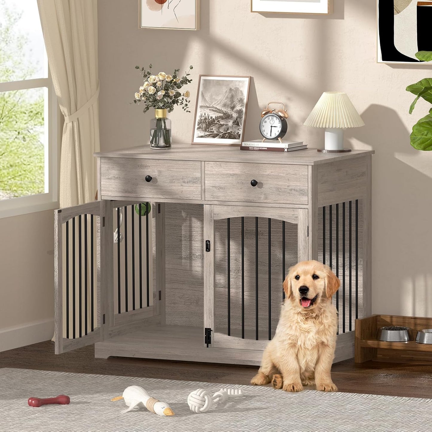 40 Inch Furniture-Style Dog Crate-Multipurpose Wood Pet Crate Furniture with Double Doors,2 Drawers, Decorative Dog House Indoor for Smal/Medium Dogs, Gray Finish
