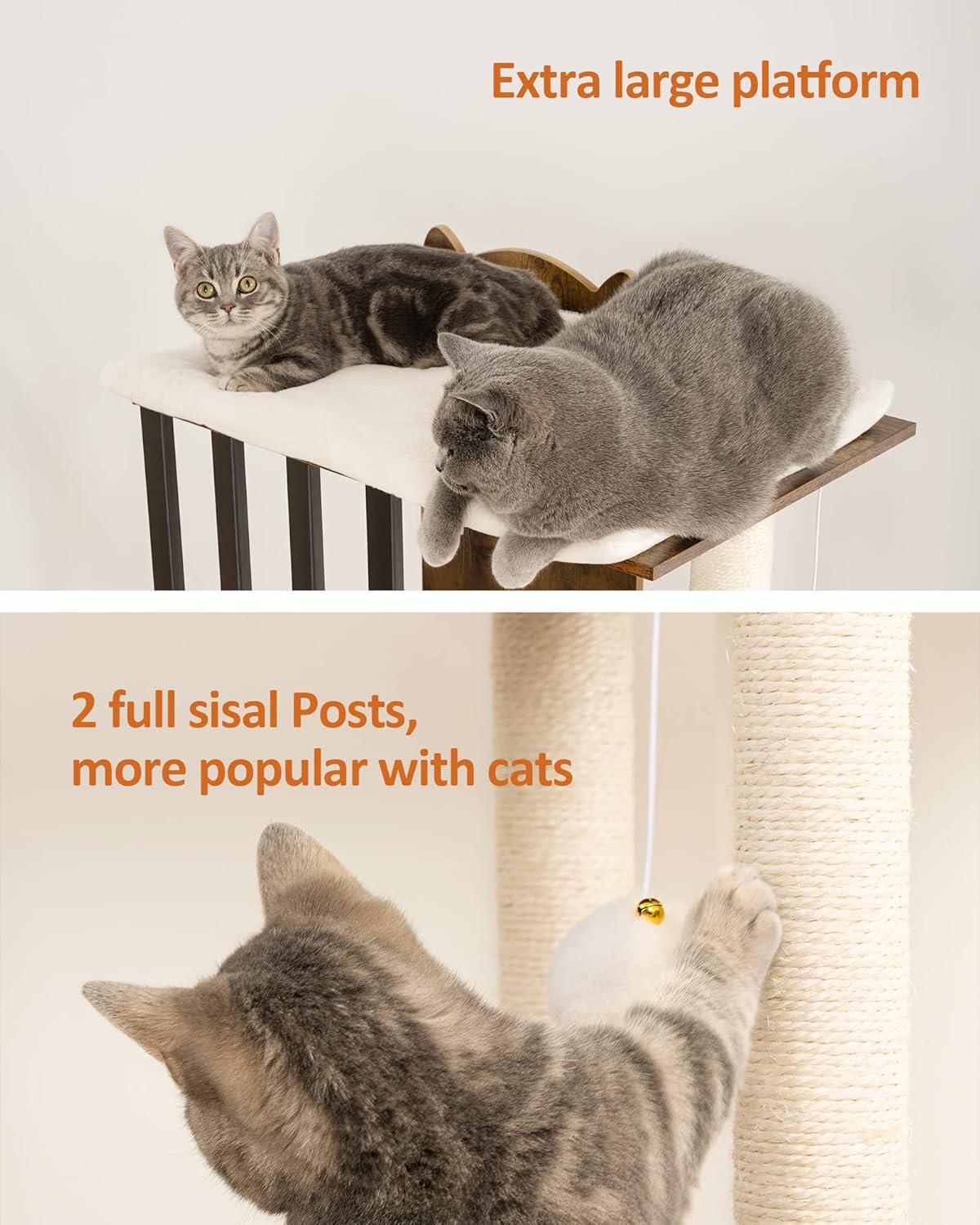 FourFurPets 43.8in 3-Tier Modern Cat Tree Tower Condo, Cat Scratch Posts for Indoor Cats, Big Plate, Two 19.7in Full Sisal Scratching Posts, Rustic Brown