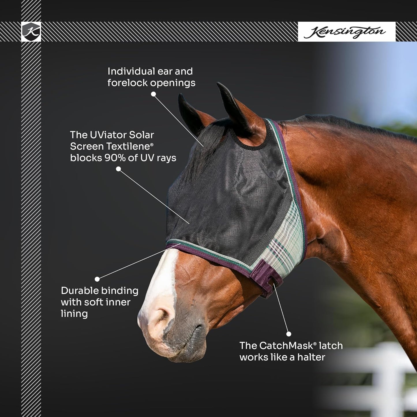 Kensington 90% UV Fly Mask Halter CatchMask UViator - Without Ears & Forelock Freedom Web Trim *Roomy Fit*- Medium, Imperial Jade