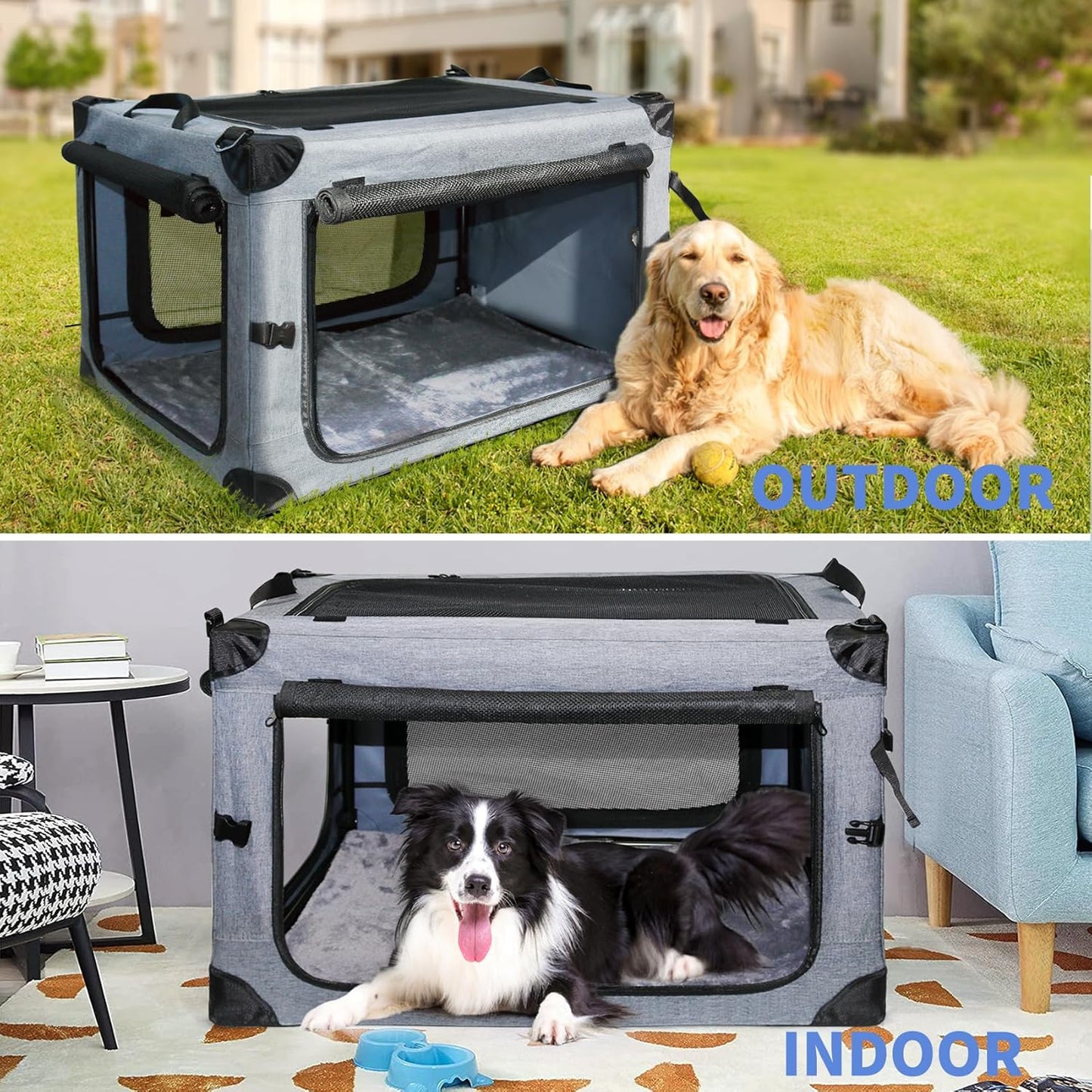 NEZUC Soft Collapsible Dog Crate - 24 Inch Portable Soft Sided Travel Dog Crates for Small Dogs, 4-Door Foldable Dog Carrier, Pet Kennel Indoor & Outdoor (Gray, 24.0" L x 17.0" W x 17.0" H)