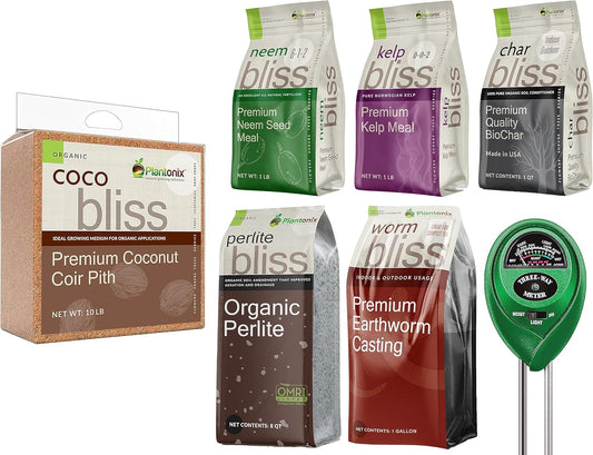 Coco Coir Brick (10lbs), Organic Perlite, Worm Castings, Neem Seed Meal, Kelp Meal Fertilizer, & Organic Biochar for Plants - Potting Soil & Garden Fertilizer Mix - 100% Natural Gardening Bundle
