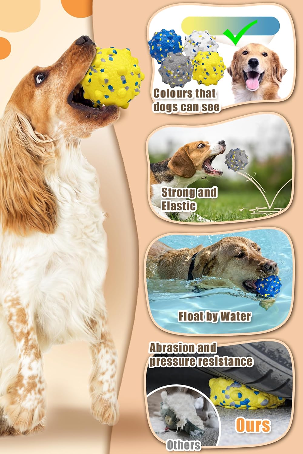 3.7'' Dog Balls for Dogs Aggressive Chewers Indestructible Tennis Durable Bouncy Interactive Dog Toy Balls for Fetch Game Floating Balls (White Large)