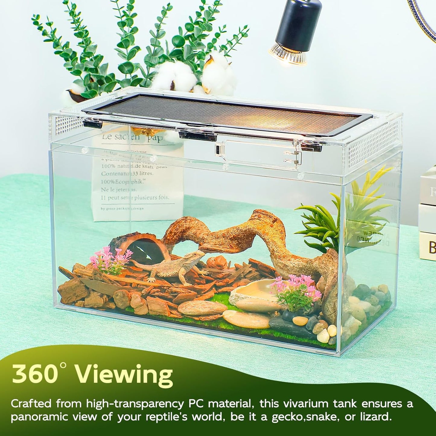12.5''×6''×7'' Reptile Tank Kit with Heat Lamp, Spray Bottle, Shovel, Tweezers, Food Bowl, Hideout -Perfect for Geckos, Snakes, Lizards, Turtles, Jumping Spider,Milk Frog,Hermit Crabs
