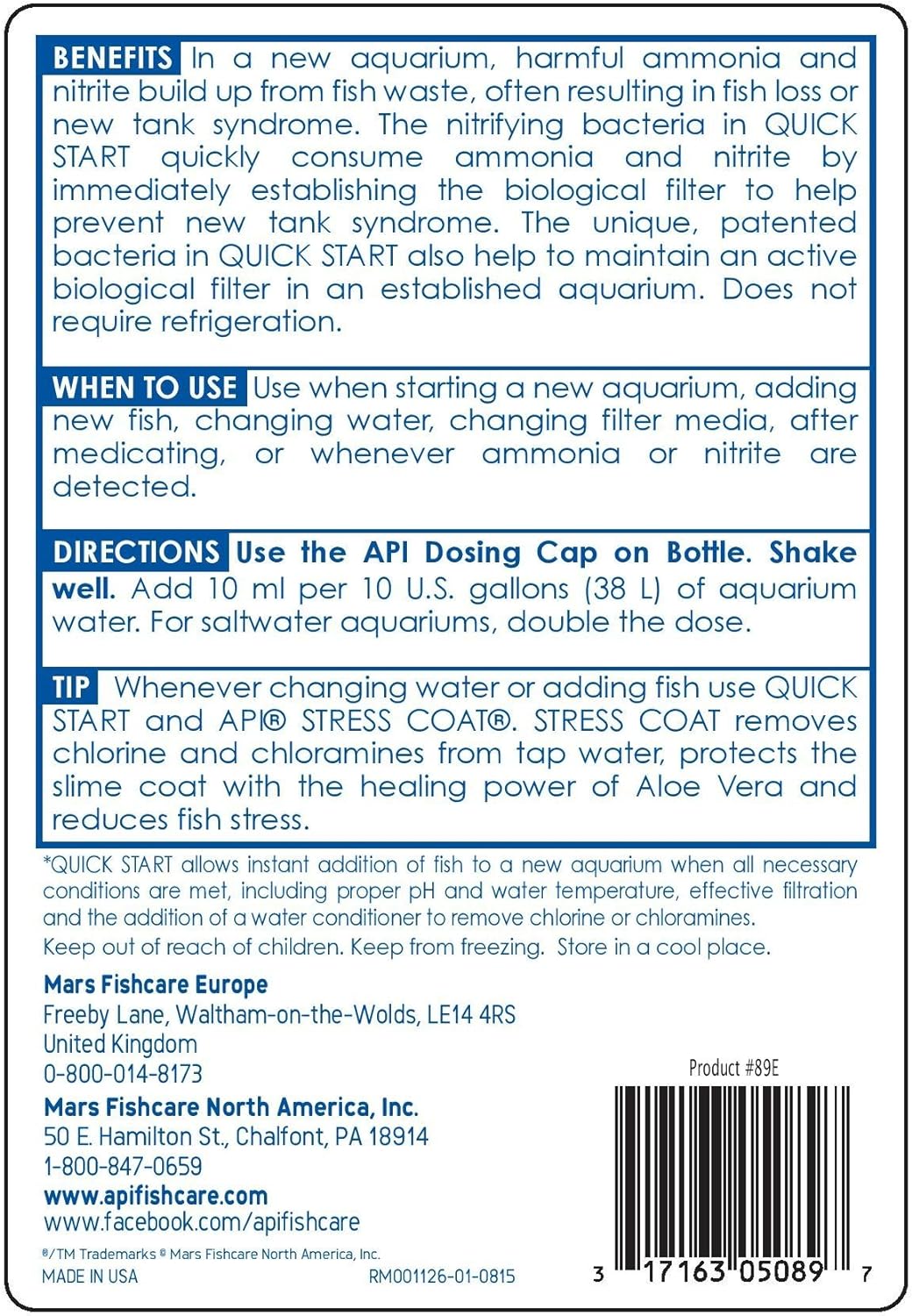 API QUICK START Freshwater and Saltwater Aquarium Nitrifying Bacteria and API TAP WATER CONDITIONER Aquarium Water Conditioner Bundle