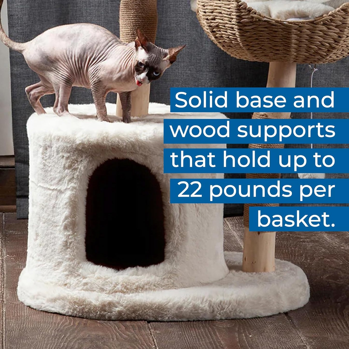 The Bungalow Cat Tree - Luxury Cat Condo, Large Modern Indoor Tower with 2 Faux Fur Beds, Scratching Posts, Toys, and Den for Cats, 23.5-Inch Width x 18-Inch Depth x 43-Inch Height