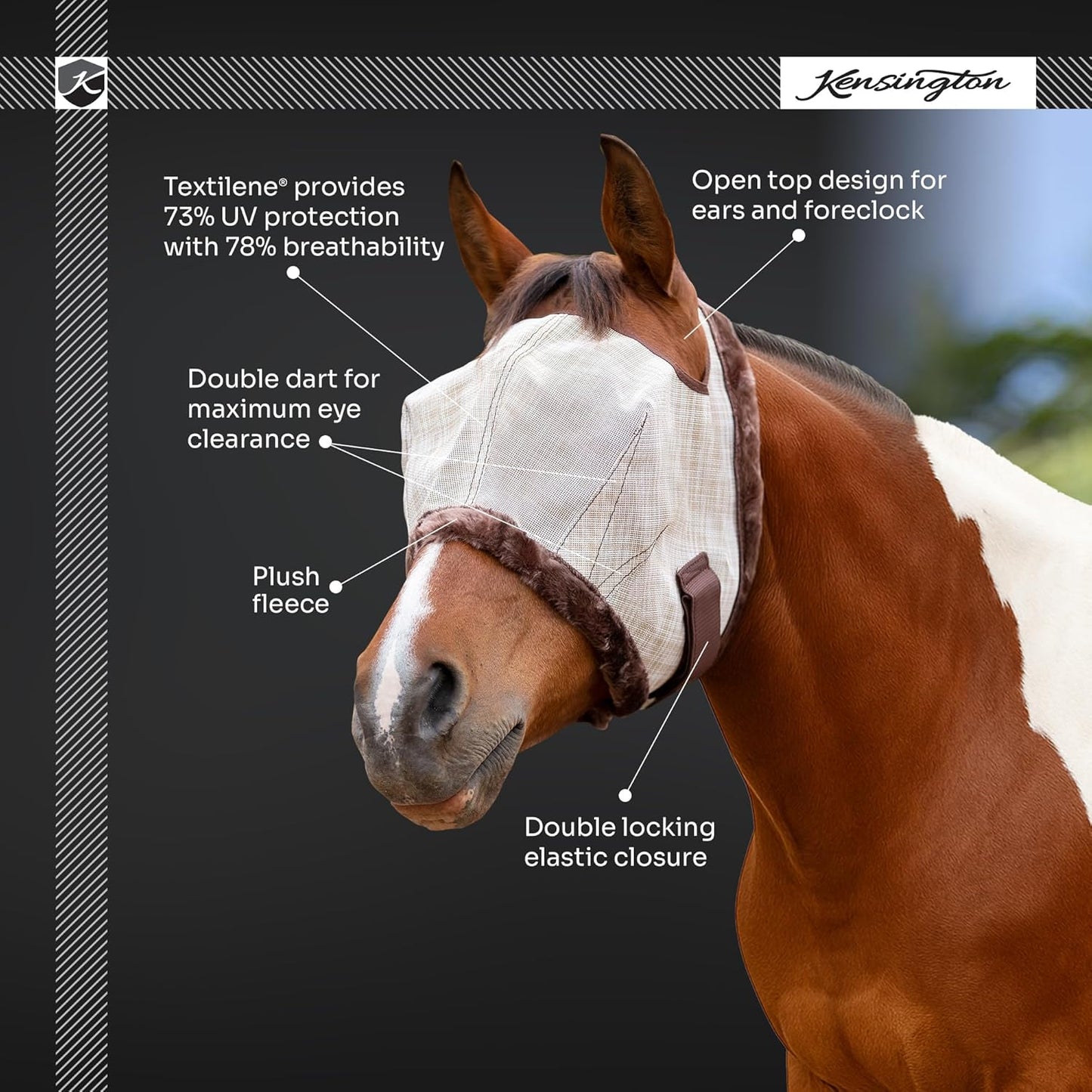 Kensington Fly Mask with Fleece Trim for Horses — Protects Face and Eyes Helps Block Sun Rays While Allowing Full Visibility — Breathable and Non Heat Transferring