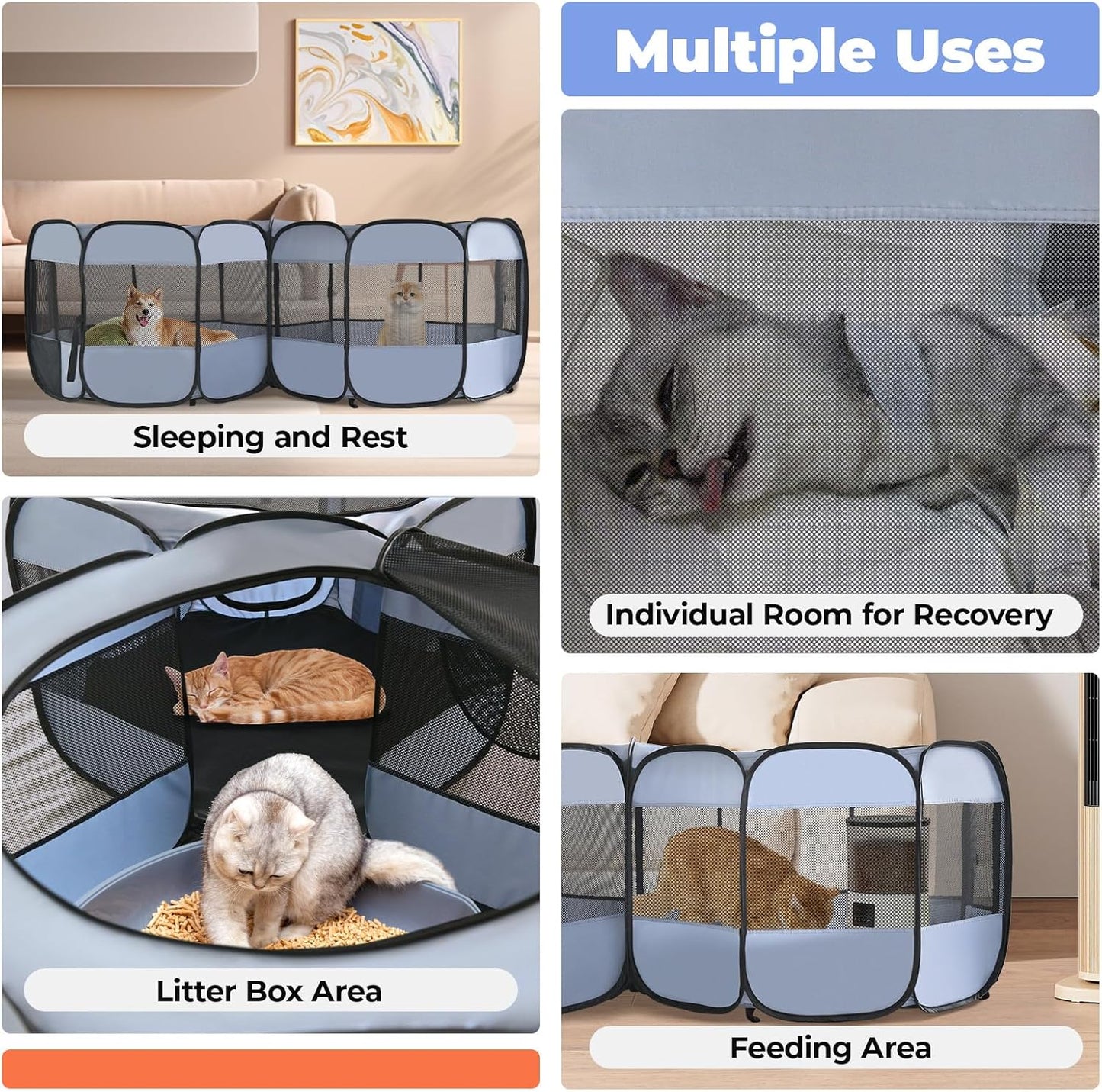 2-in-1 Dog Playpen, Pop Up Cat Puppy Pet Playpen, Indoor Outdoor Cats Enclosed, Cat Tent Crate Cage Kennel, Portable Playpen for Kitten and Small Animals(No Divider, Unified Space)