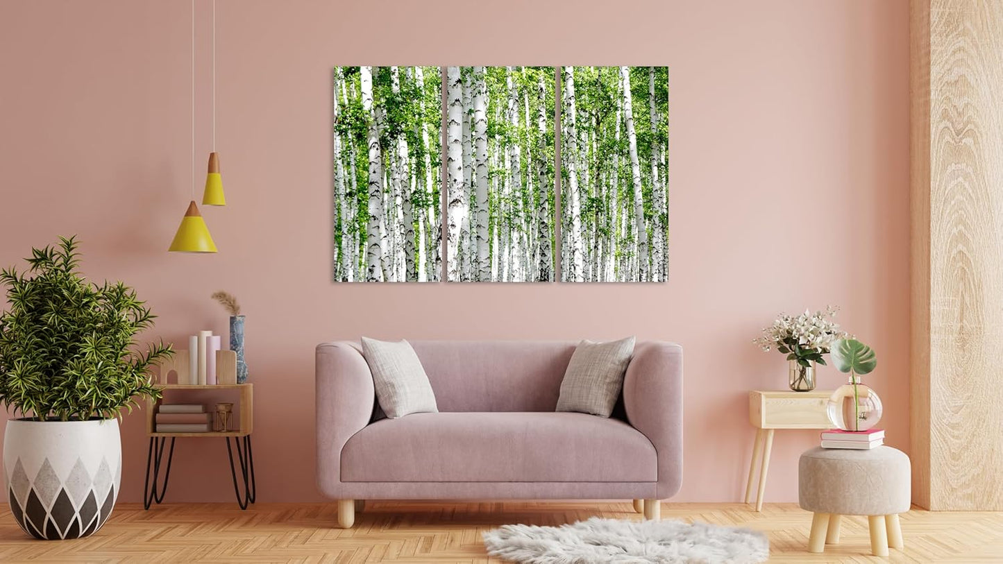 Nature Wall Art Prints - Ocean Forest Mountain Lake Canvas Landscapes - Small to Extra Large Living Room Bedroom Kitchen Bathroom Décor (Green Brich Trees, 39L" x 59W" - 3 Panels)