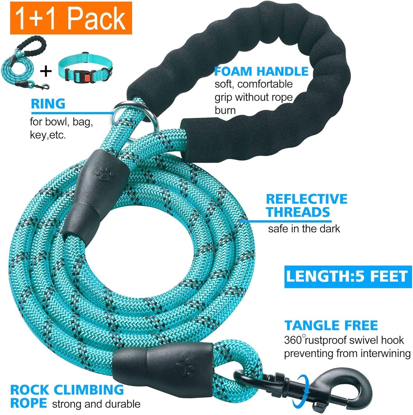 Heavy Duty Dog Leash - Comfortable Padded Handle, 5 ft Long - Dog Leashes for Small Medium Large Dogs (Leash+Collar S Neck 13.5"-16", Blue)