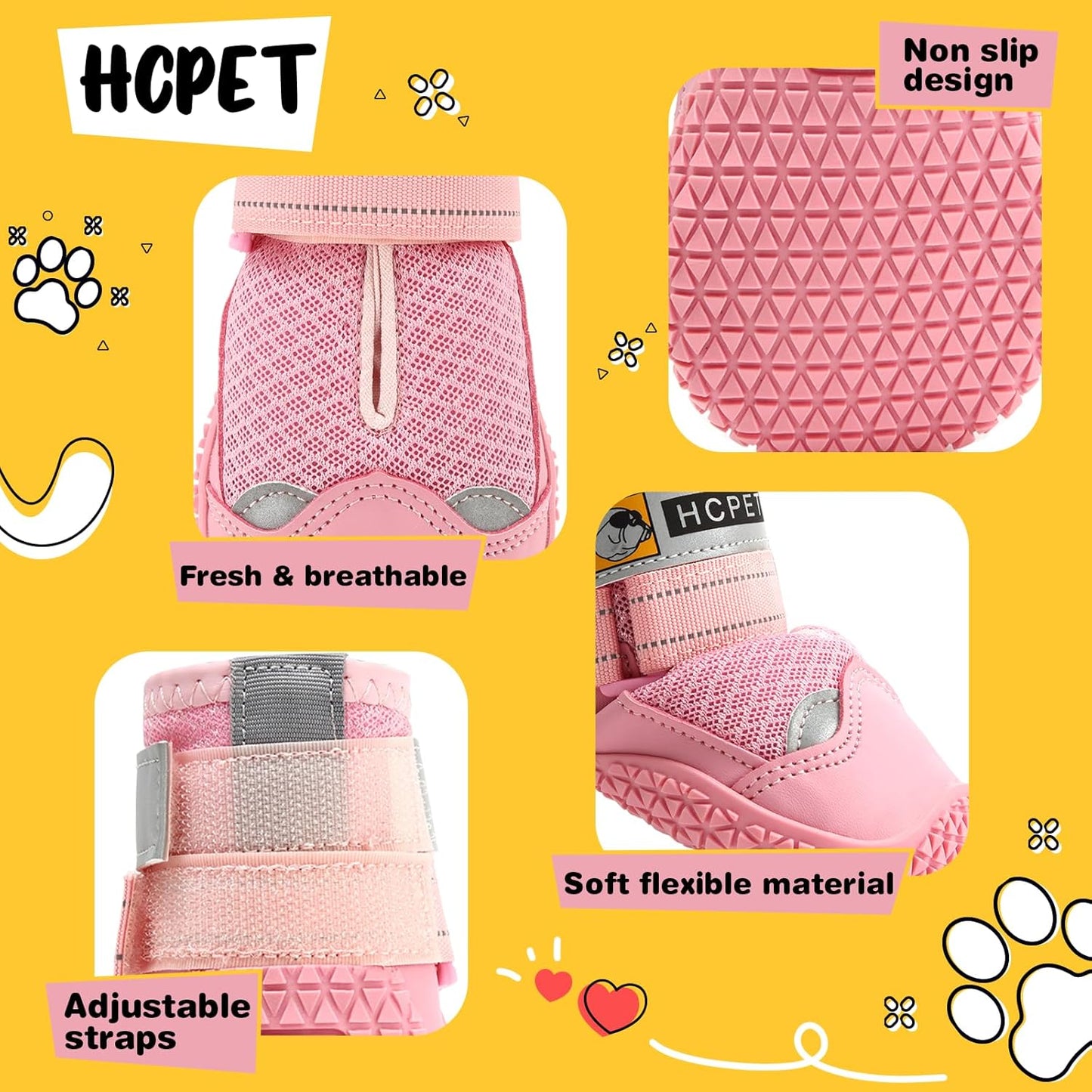 Hcpet Dog Shoes for Large Dogs, Breathable Dog Booties for Small Medium Dogs, Anti-Slip Dog Boots & Paw Protectors for Hot Pavement Winter Snow Hiking with Reflective Straps Pink Size 3