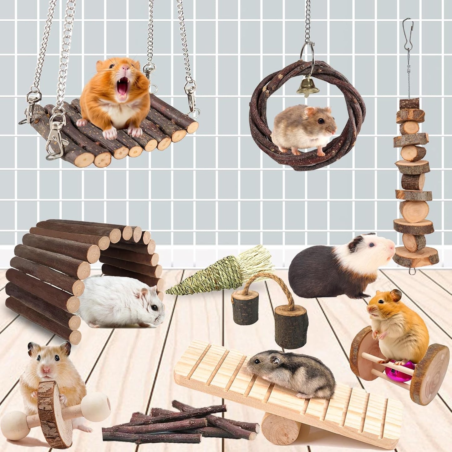 Grddaef Hamster Toys, Guinea Pig Chew Toys Rabbit Enrichment Cage Accessories Toys for Chinchilla Gerbils Rats Bunny Squirrels