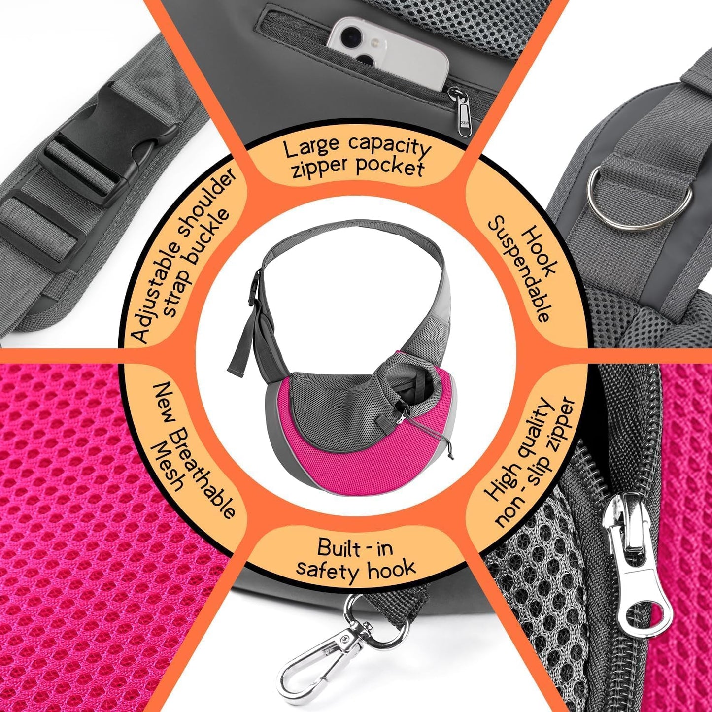 YUDODO Pet Sling Carrier for Small Dogs & Cats – Hands-Free Puppy Carrier with Safety Hook, Large Zipper Pocket, Soft Breathable Mesh, Adjustable Strap & Reflective Strip (Pink 1.0 S)