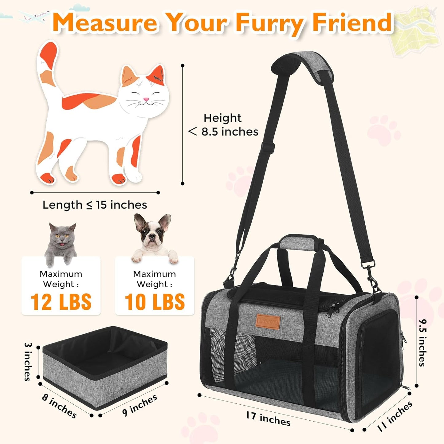 PETUX TSA Approved Pet Carrier in Cabin, 17"x11"x9.5" Soft Cat Carriers for Small Cats up to 12 lb, Top-Open Portable Dog Carrier with Litter Box and Anti-Scratch Mesh for Puppy up to 10 lb (Grey)