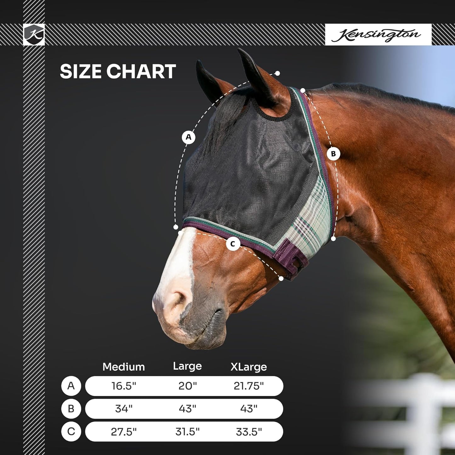 Kensington 90% UV Fly Mask Halter CatchMask UViator - Without Ears & Forelock Freedom Web Trim *Roomy Fit*- Large, Kentucky Blue