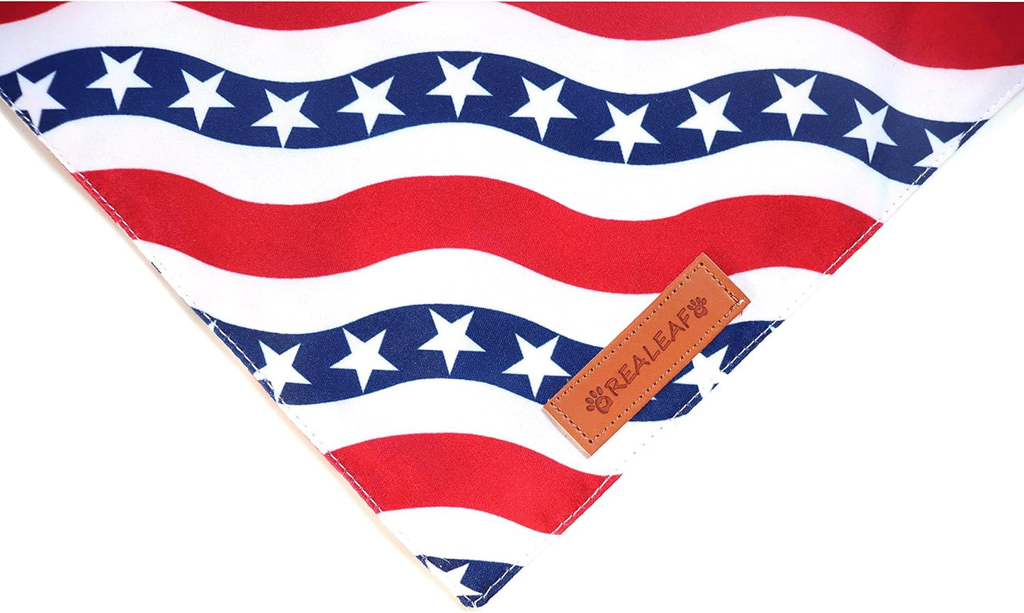 Realeaf 4th of July Bandanas 2 Pack, Triangle Reversible American Flag Pet Patriotic Scarf for Boy and Girl, Premium Durable Fabric, USA Bandana for Medium and Large Dogs (Large)