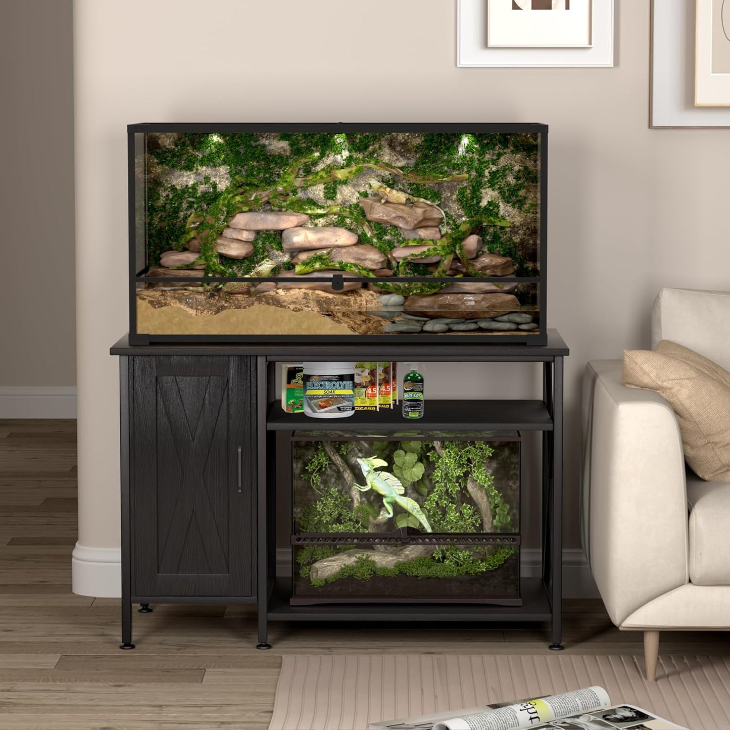 40-120 Gallon Reptile Tank Stand with Power Outlet, Terrarium Stand with Storage Cabinet, 48" X 24" Tabletop, Reptile Terrarium,Turtle Tank Black PG08XYB