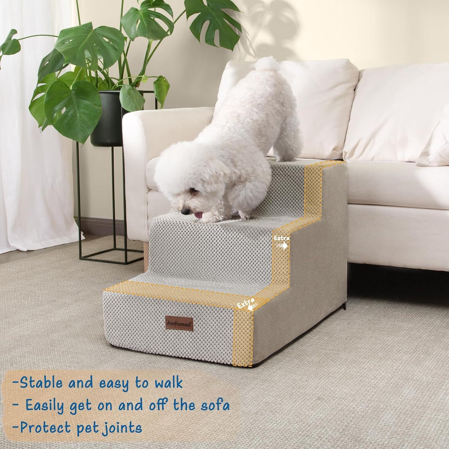 Dog Stairs for Small Dogs & Cats, 3-Step Extra Wide Non-Slip Pet Steps for Couch Sofa and Chair, Light Grey, 15.7" H