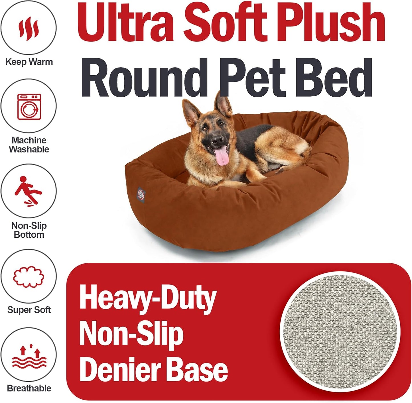 Majestic Pet 52 Inch Suede Calming Dog Bed Washable 52x35x11 (Inch) – Cozy Soft Round Donut Dog Bed with Spine Support for Dogs to Rest Their Head - Pet Bed X- Large – Rust (2025)