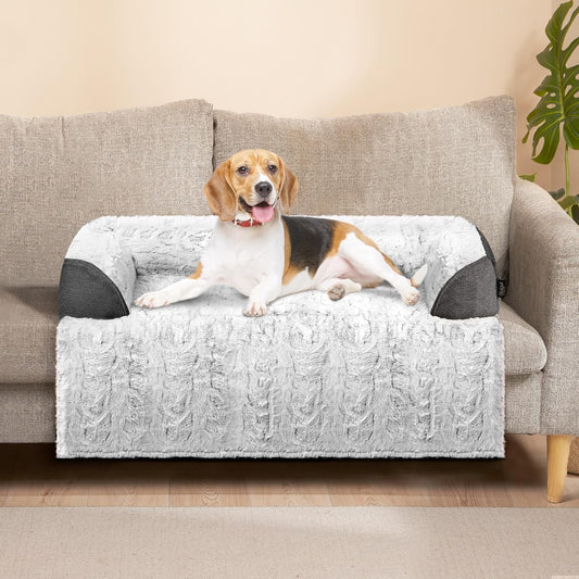 Calming Dog Bed for Couch, 35 x 31 inch Removable Couch Cover for Dogs/Cats Washable, Non-Slip Fluffy Plush Dog Sofa Mat for Furniture Protector - Grey