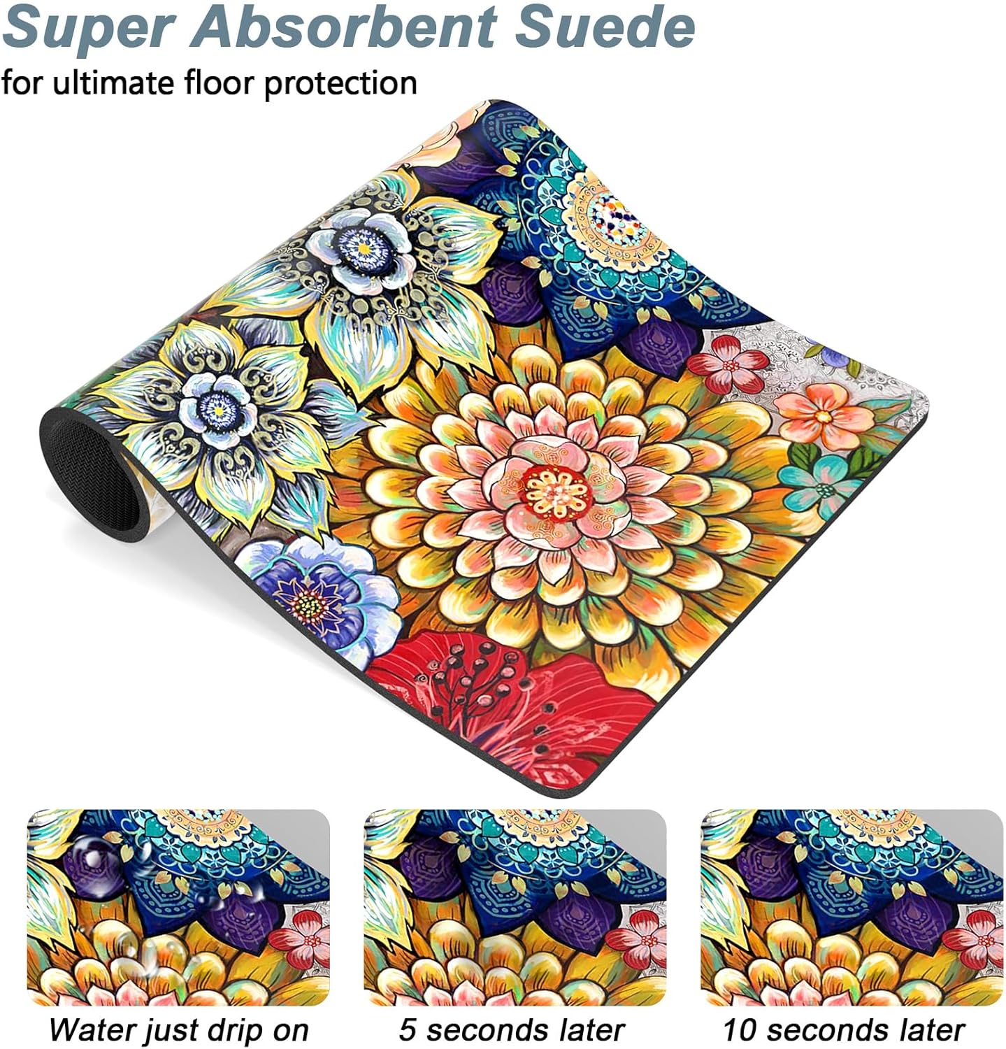 Rnivvi Dog Food Mat, 12" x 19" Flower Absorbent Dog Cat Bowl Mat for Food and Water, Cute Anti-Slip Rubber Pet Feeding Rug Protect Floors, Puppy Placemat for Feeding & Watering Supplies,Mandala Floral