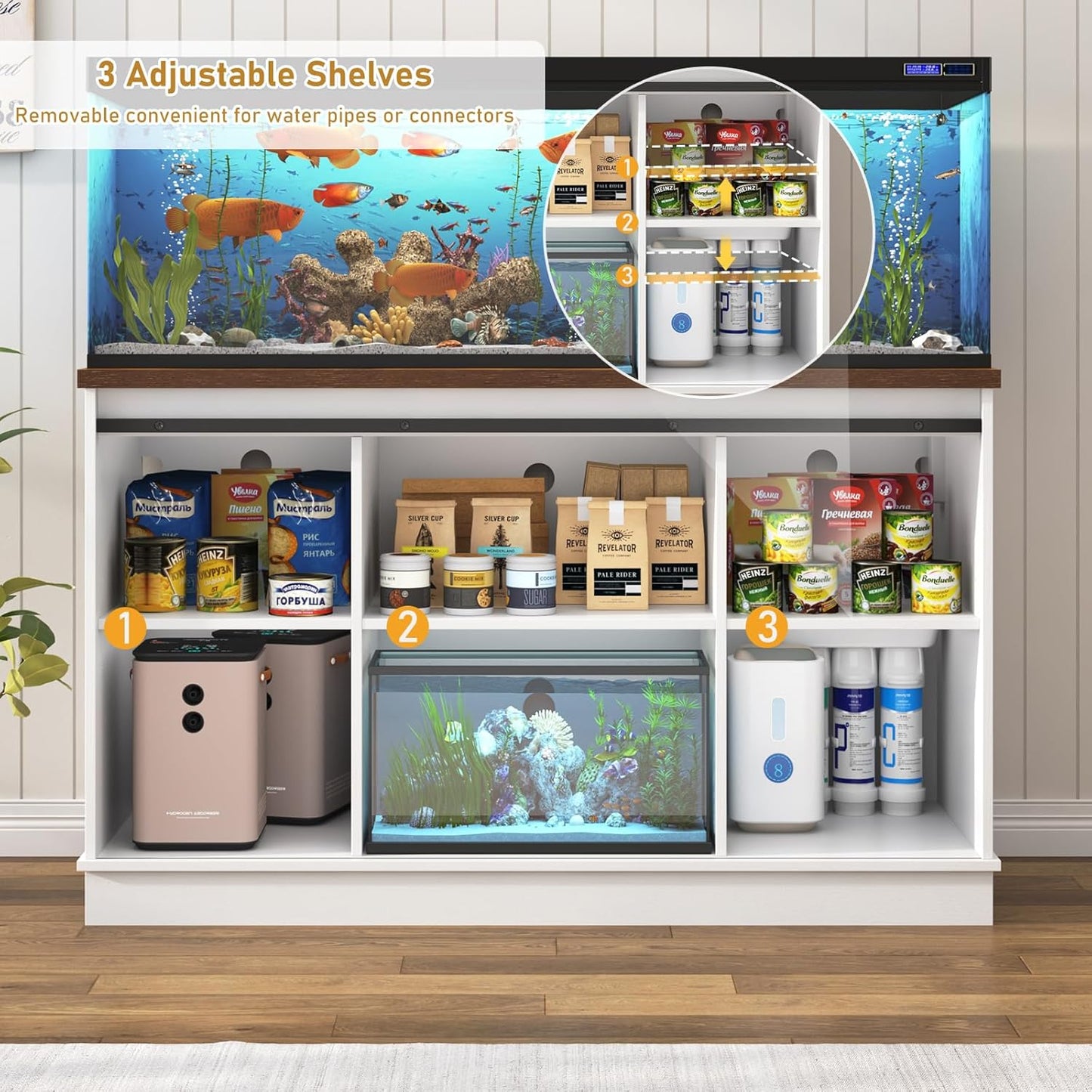 Farmhouse 55-75 Gallon Fish Tank Stand with Power Outlet, Aquarium Stand with Cabinet&Sliding Barn Door, Heavy Duty Reptile Tank Stand for 2 Fish Tank/Turtle Tank/Reptile Terrarium, White