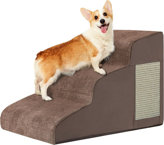 Pet Stairs, Dog Stairs for Small Dogs, Dogs Steps, 3-Step Curved Dog Ramp for Bed, Couch, Sofa, Car and Chair, Non-Slip Bottom Design, Cat Scratching Board, High Density Foam Portable Pet Step, Coffee