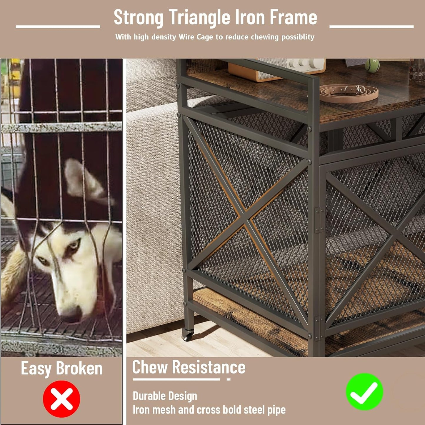 COZPAW Large Dog Crate Furniture, 48 Inch Wooden Dog Kennel for XLarge Dogs, Heavy Duty Dogs Furniture Indoor Wire Dog Cage with Caster Wheels, Decorative Pet House End Table, Brown