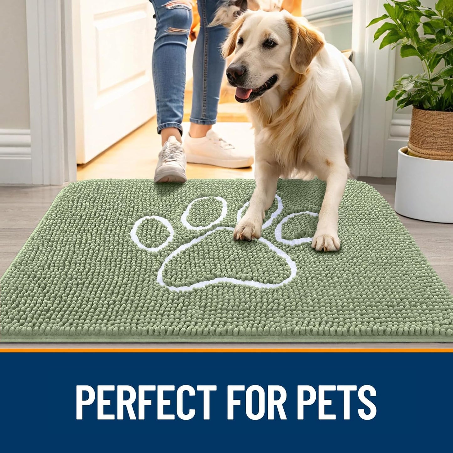 OLANLY Door Mat for Muddy Dog Paws 24x16, Ultra Absorbent Chenille Mud Doormat with Paw Print Design, Non-Slip Washable Doormat for Indoor Entryway, Quick-Dry Pet Bed Mats for Dirty Dogs, Sage Green