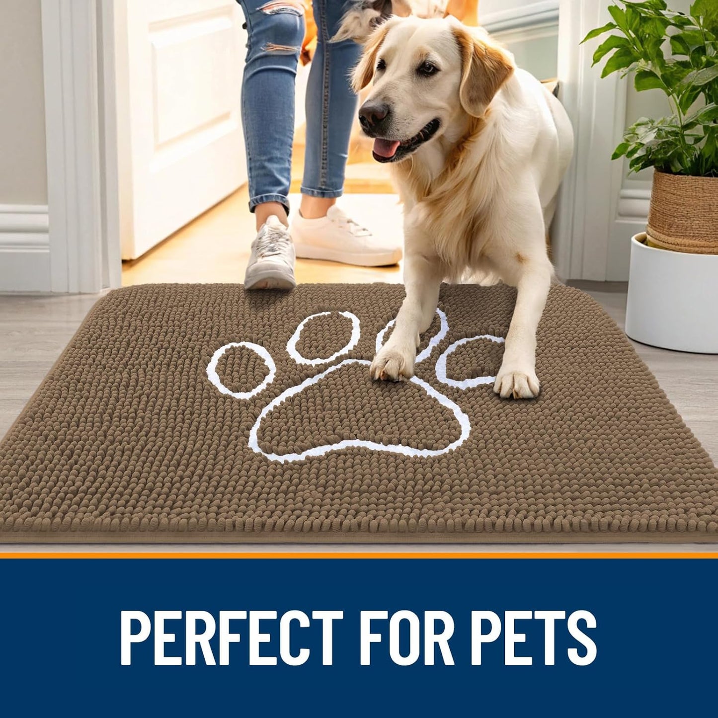 OLANLY Door Mat for Muddy Dog Paws 40x32, Ultra Absorbent Chenille Mud Doormat with Paw Print Design, Non-Slip Washable Doormat for Indoor Entryway, Quick-Dry Pet Bed Mats for Dirty Dogs, Tan