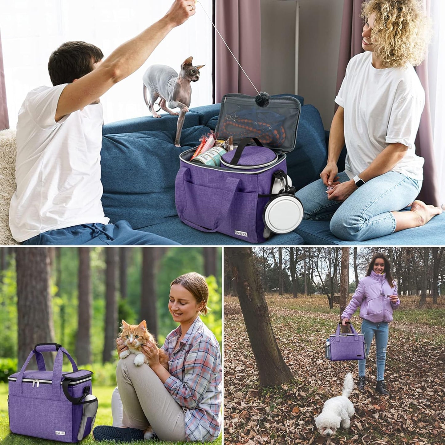 BAGLHER Dog Travel Bag Backpack Pet Supplies Backpack 5-Piece Set with Shoulder Strap 2 Lined Pet Food Containers 4 Foldable Feeding Bowls Essential Kit for Pet Travel