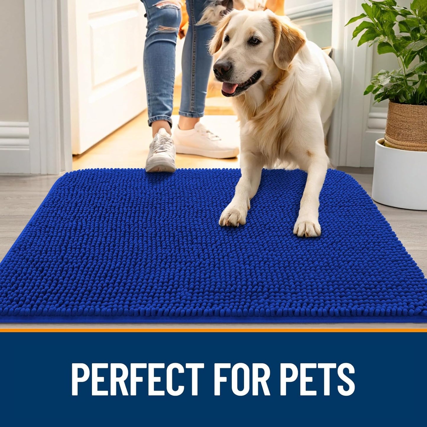 OLANLY Dog Door Mat for Muddy Paws 47x17, Absorbs Moisture and Dirt, Absorbent Non-Slip Washable Doormat, Quick Dry Chenille Mud Mat for Dogs, Entry Indoor Entryway Carpet for Inside Floor, Royal Blue