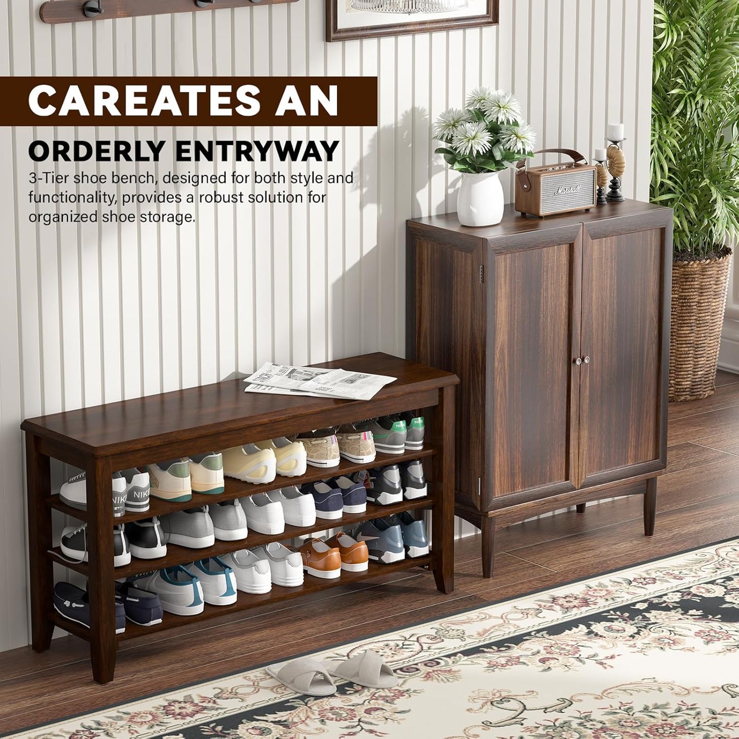 Shoe Bench Storage Rubberwood, Entryway Bench with 3-Tiers Height Adjustable, Shoe Rack Front Door Entrance Organizer for Hallway Living Room, Mudrooms, Walnut,31.5"