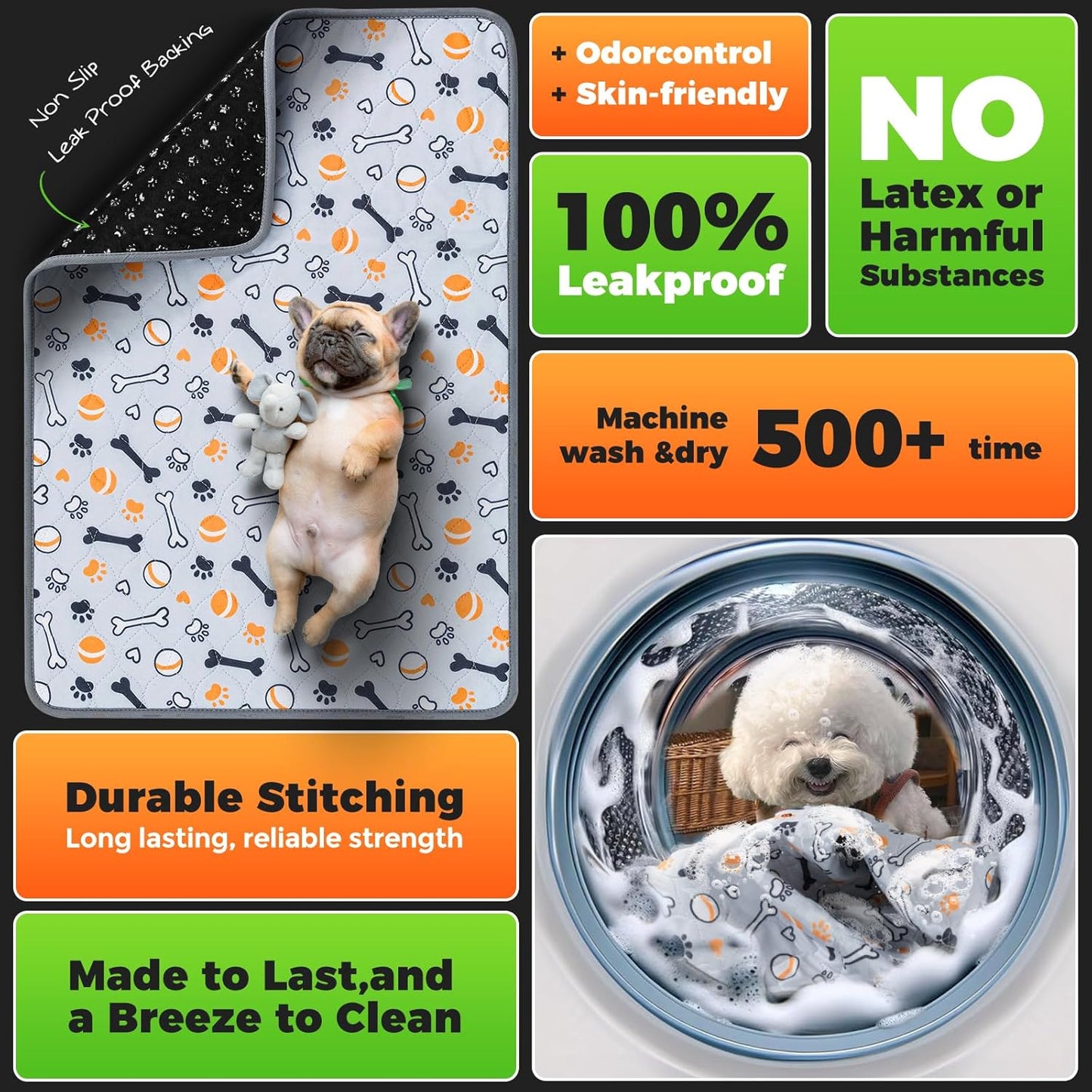 Hompet Washable Pee Pads for Dogs, 51"x28", 2-Pack Thick Heavy Absorbency Reusable Pee Pads Prevent Leakage Non-Slip, Pet Training Pads for Puppy Playpen, Crate, Potty, Floor, Bed, Sofa