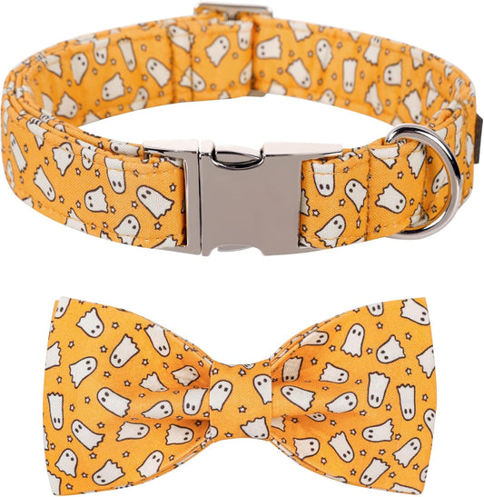 Lionet Paws Halloween Dog Collar with Bowtie - Cute Cotton Adjustable Fall Bowtie Dog Collar with Metal Buckle for Small Medium Large Dog Girl Boy Gift, L, Neck 16-24in