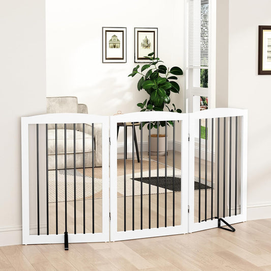 Freestanding Pet Gate for Dogs, Foldable Wooden Dog Gate for House Indoor, Tall Pet Fence for Stair, Doorway,Hall, Support Feet Included, 3 Panels 32",White