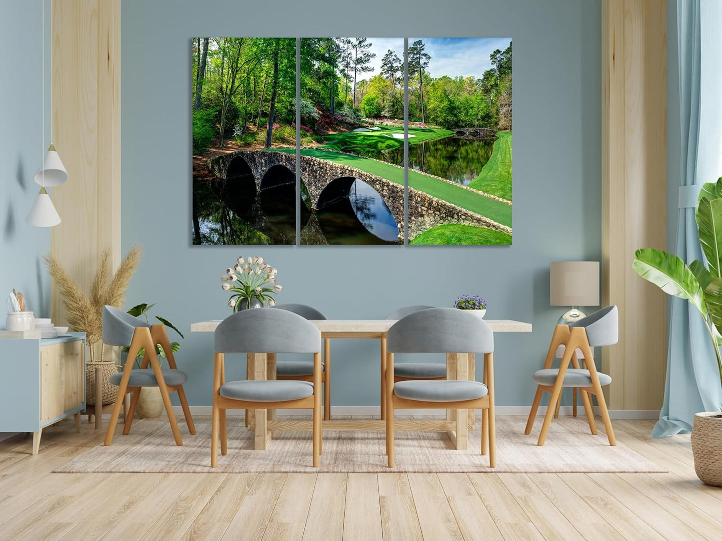 Nature Wall Art Prints - Ocean Forest Mountain Lake Canvas Landscapes - Small to Extra Large Living Room Bedroom Kitchen Bathroom Décor (Golf Course with Stone Bridge, 47L" x 71W" - 3 panels)