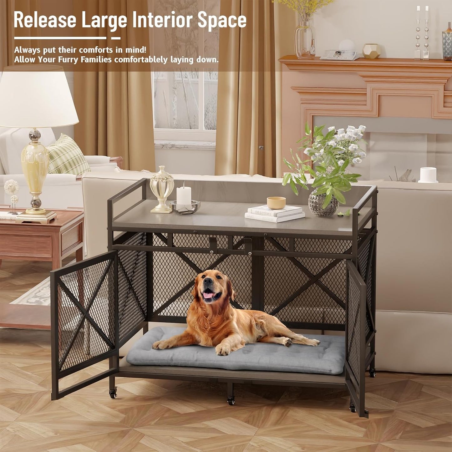 COZPAW Large Dog Crate Furniture, 48 Inch Wooden Dog Kennel for XLarge Dogs, Heavy Duty Dogs Furniture Indoor Wire Dog Cage with Caster Wheels,Decorative Pet House End Table, Textured Gray