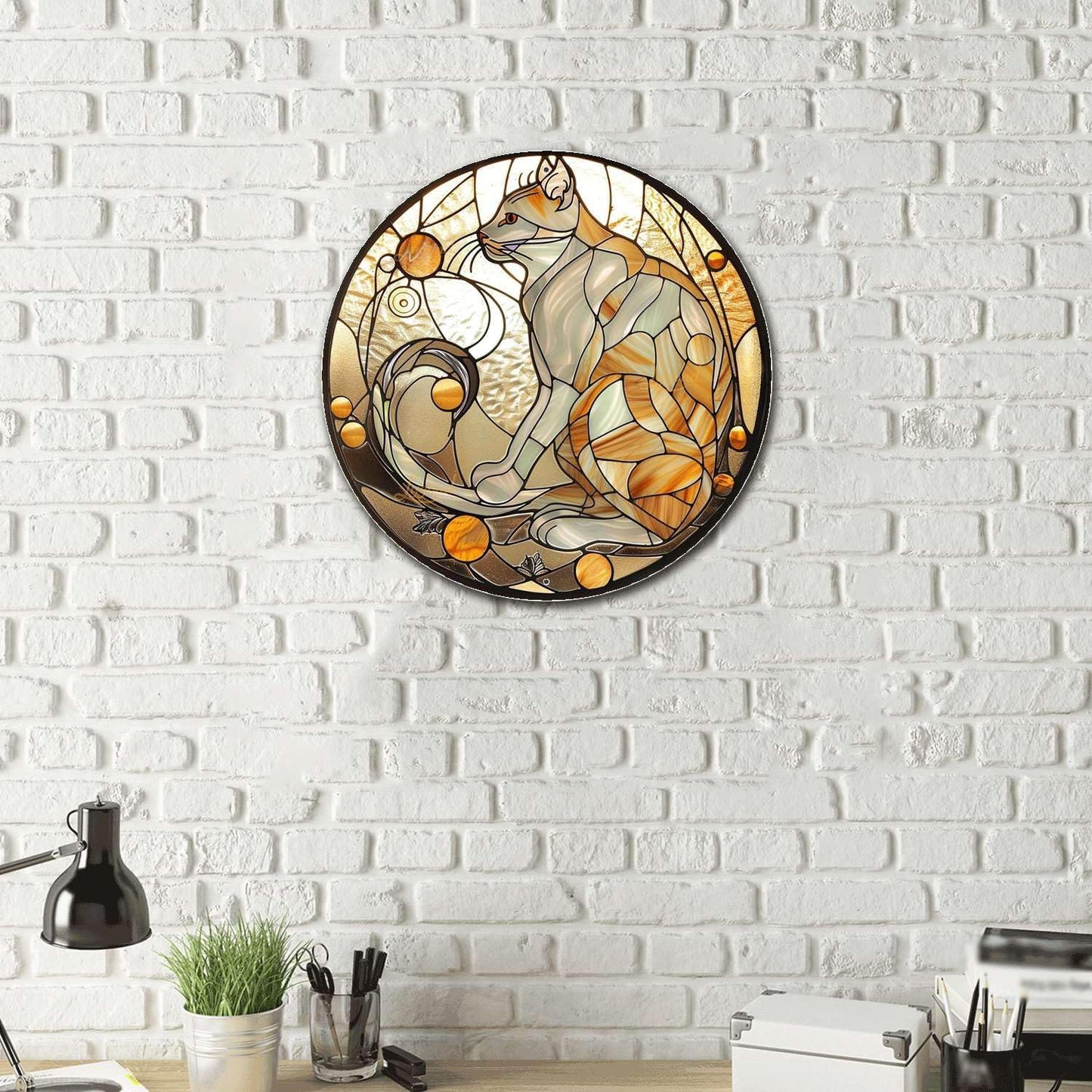 Lygond Metal Cat Toilet Decor - Circular Stained Glass Tin Sign for Club 88 Inches