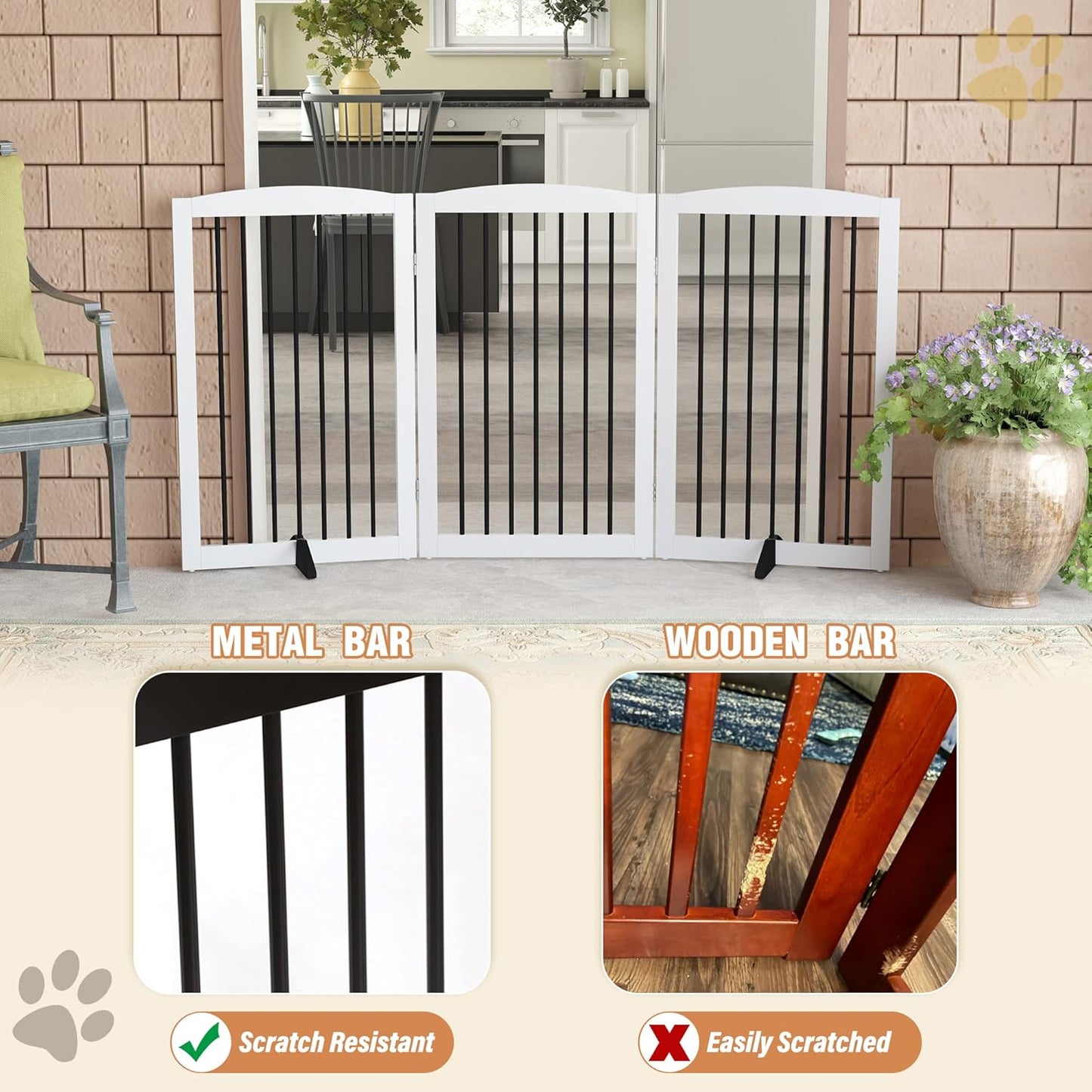 Freestanding Pet Gate for Dogs, Foldable Wooden Dog Gate for House Indoor, Tall Pet Fence for Stair, Doorway,Hall, Support Feet Included, 3 Panels 32",White