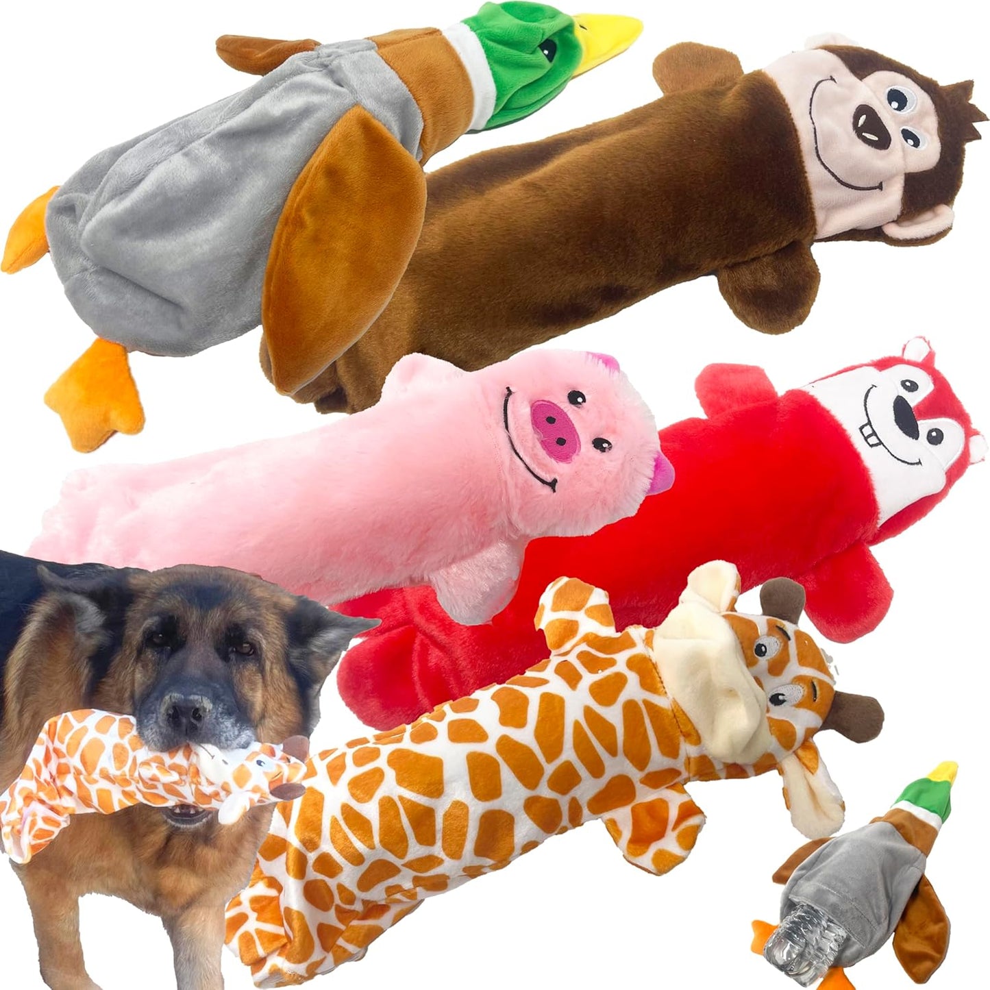 Jalousie 5 Pack Stuffingless Dog Squeaky Toys Dog Toy w/Durable Liner No Stuffing Dog Toy - Dog Toys Crinkle Paper Squeaker Toy for Medium Large Dogs (5 Pack - w/Bottle Insert Pouch)