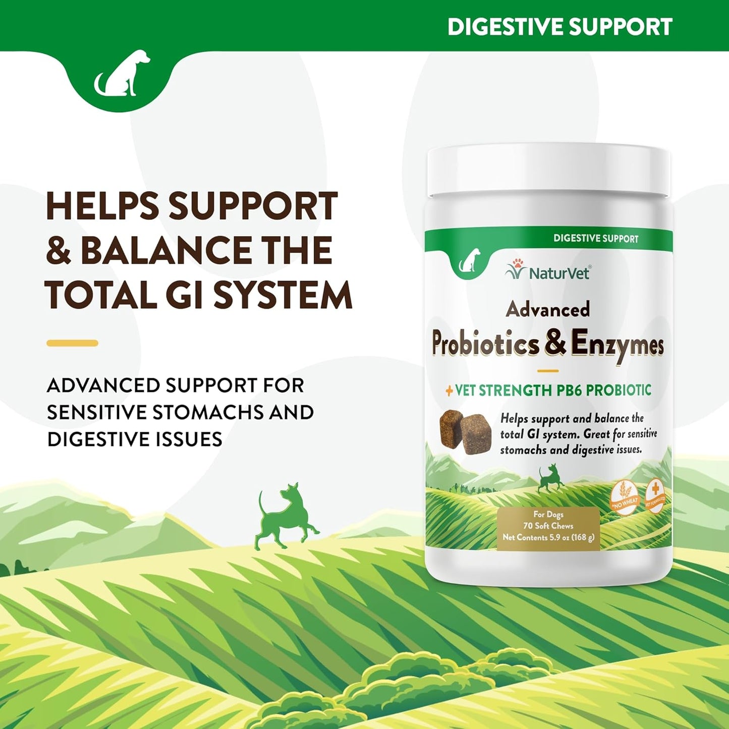 NaturVet Advanced Probiotics & Enzymes, PB6 Dog Soft Chews to Help Sensitive Stomachs and Digestive Issues, Hickory Smoked Bacon Flavored Pet Supplement for Dogs Over 6 Weeks, 70 Count Jar