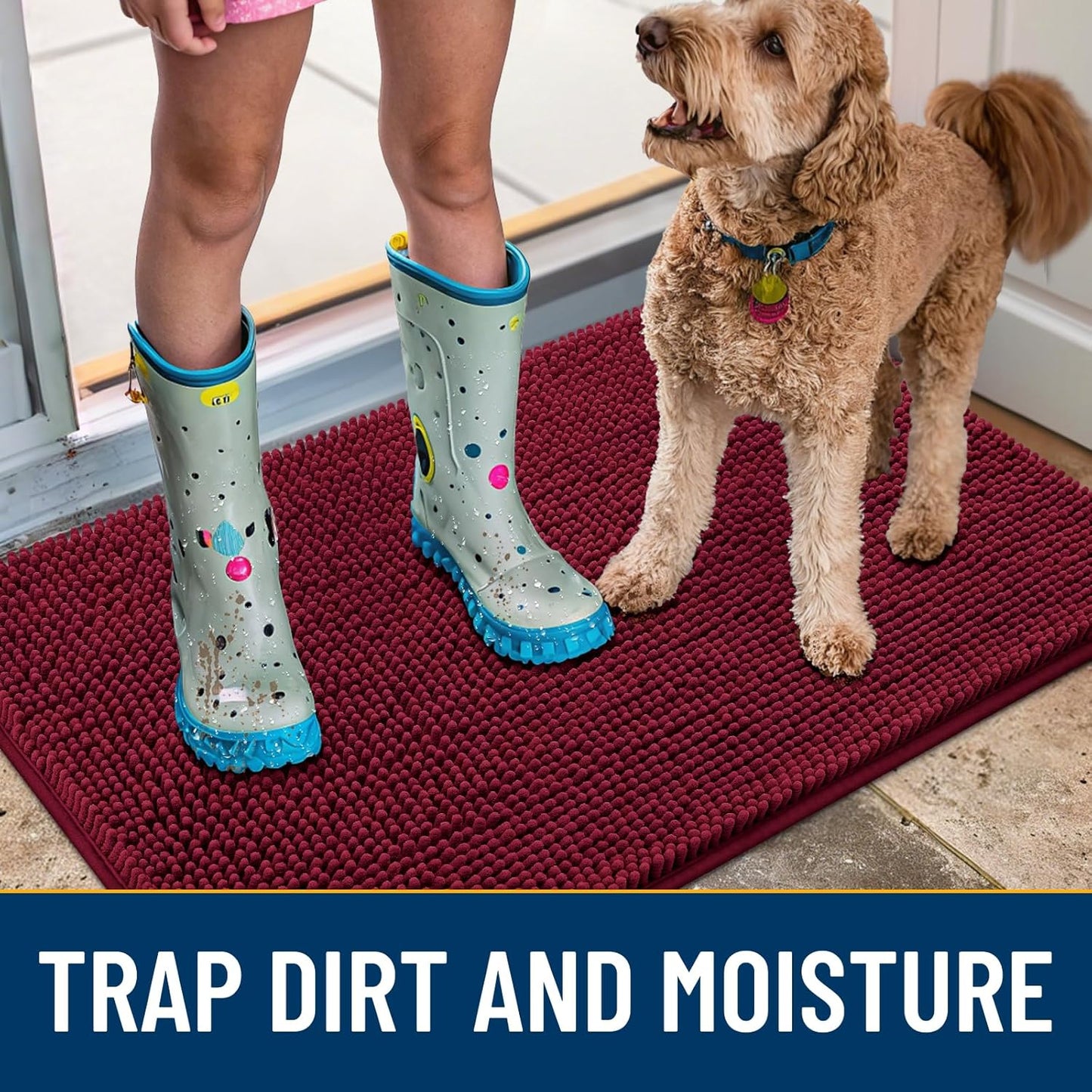 Smiry Dog Door Mat for Muddy Paws 47x32, Absorbs Moisture and Dirt Doormat, Non-Slip Washable Quick Dry Chenille Front Door Mat Indoor Entrance, Entryway Carpet for Inside Floor, Burgundy